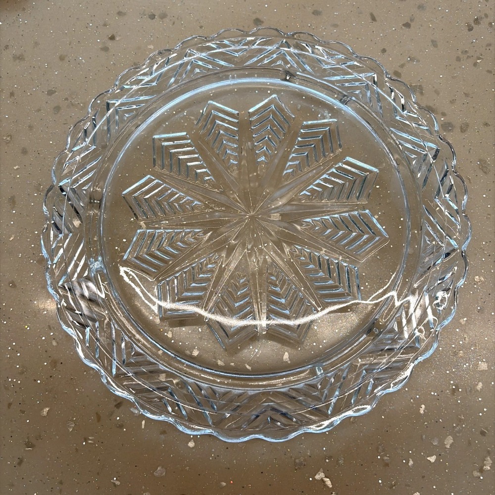 Federal Glass Snowflake Star Chevron Cake Plate Scalloped Edge Vintage Serving